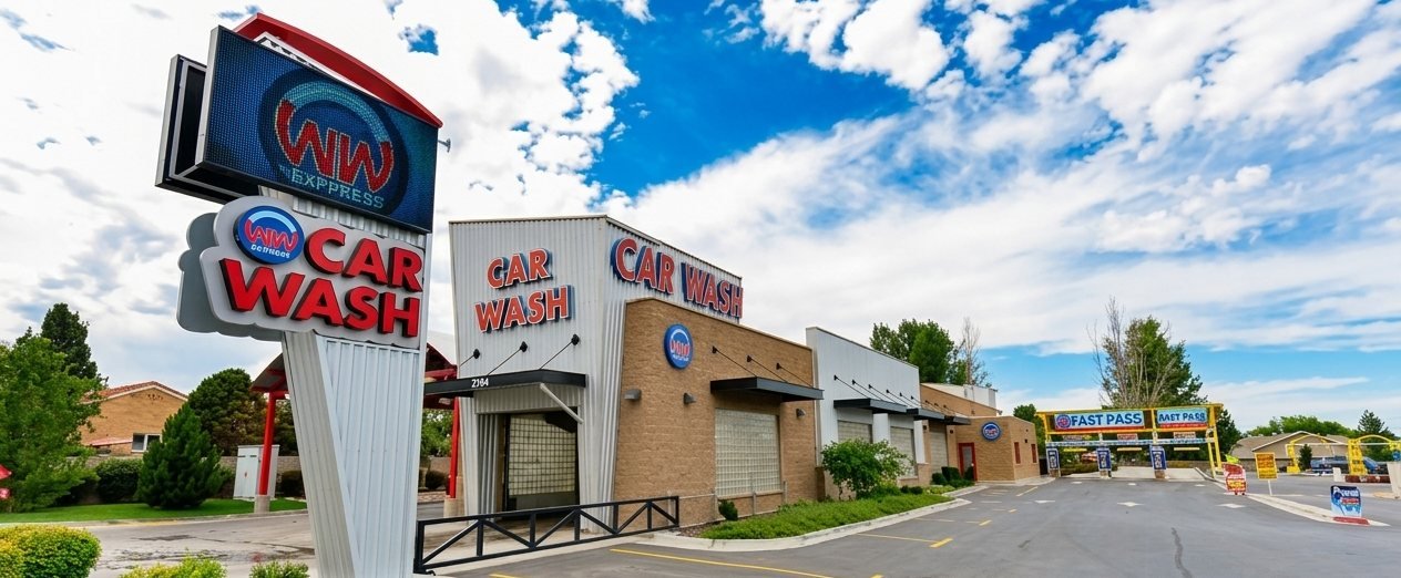 The WaterWorks Express car wash on 9000 South in West Jordan: the tall CAR WASH road sign with the WW Express logo, the tunnel building behind it, and the Fast Pass member lanes on the right.